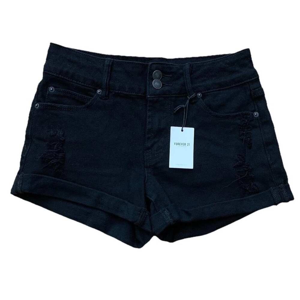 Forever 21 Black Distressed High-Rise Jean Shorts
